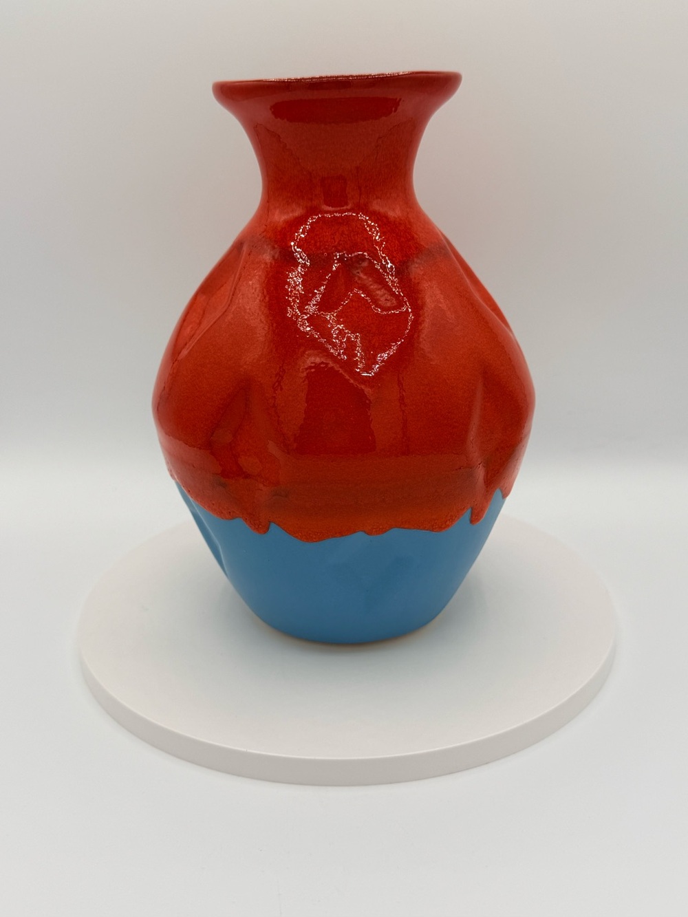 MCM Two-Tone Colorblock Lava Glaze Ceramic Vase in Red and Blue